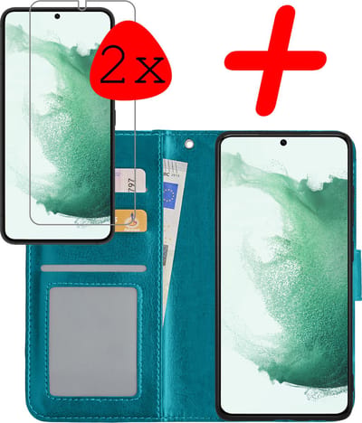 Hoesje Met 2x Screenprotector - Geschikt voor Samsung Galaxy S22 - Luxe Pasjeshouder - Bookcase Portemonee - Flip Case - Kunstleer Book Case - Flipcase Hoes - Book Cover - Walletcase - Portemonneehoes - Turquoise