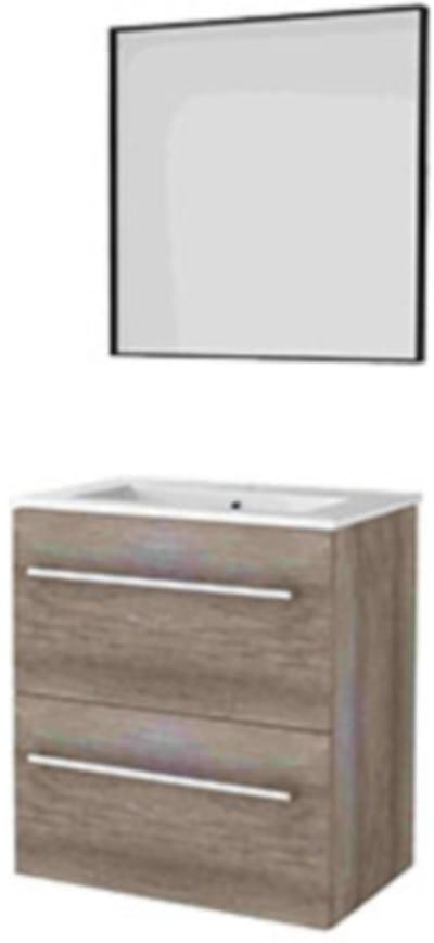 Basic-Line Framed 39 Badkamermeubelset - Ondiep - 60 x 39 cm - Greeploos - 2 Lades - Keramische Wastafel - 1 Kraangat - Spiegel met Zwart Aluminium Frame - Scotch Oak