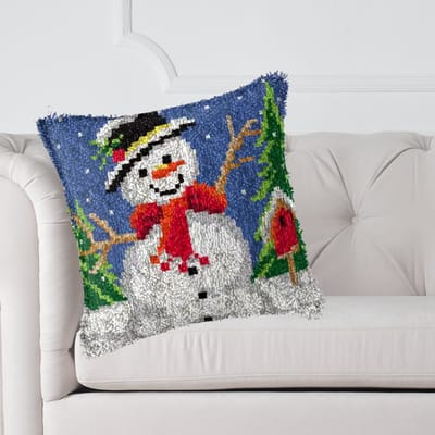 Smyrna kussen DIY Kit, Knoop je eigen kussen Latch hook, telpatroon, 43x43cm, sneeuwpop, winter, kerst, cadeau, creatief