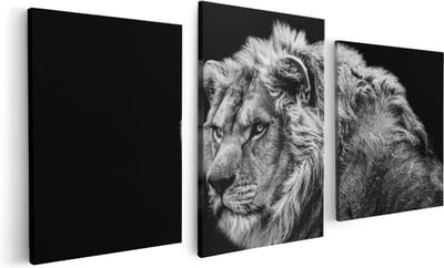 Artaza Canvas Schilderij Drieluik Leeuw - Zwart Wit - 120x60 - Foto Op Canvas - Canvas Print