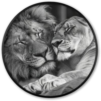 Poster in lijst Rond - Fotolijst 60x60 cm - Posters - Leeuwen - Dieren - Zwart - Wit - Leeuw - Ronde posterlijst zwart - Decoratie - Wanddecoratie woonkamer - Muurdecoratie slaapkamer