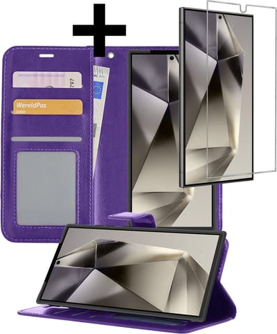 Hoesje - Met Screenprotector - Geschikt voor Samsung Galaxy S24 Ultra - Luxe Pasjeshouder - Bookcase Portemonee - Flip Case - Kunstleer Book Case - Flipcase - Book Cover - Walletcase - Portemonneehoes - Telefoonhoesjes - Paars