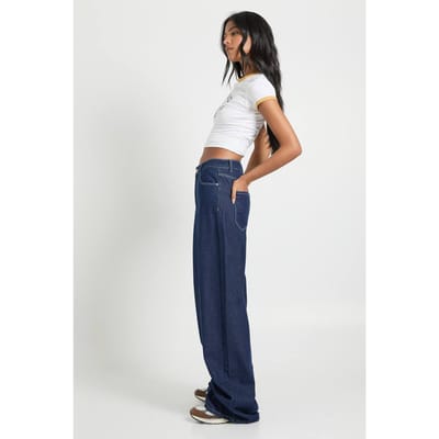 boohoo Dames Lang, midden taille, losse pasvorm, jeans met wijde pijpen | Dark Indigo | Maat: 6
