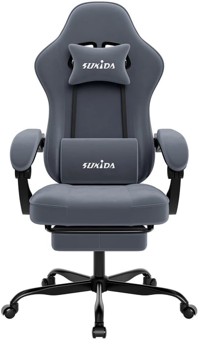 Zerova Gamestoel met voetsteun - Gamestoel - Ergonomische PC stoel met verstelbare rugleuning - Ledensteun en hoofdkussen - Grijs