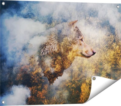 Gards Tuinposter Wolvenkop op een Herfstbos - Wolf - Abstract - 80x60 cm - Tuindoek - Tuindecoratie - Wanddecoratie buiten - Tuinschilderij