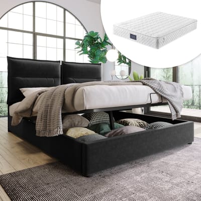MODFU Ledikant 140x200 cm – Zwart fluweel met verstelbaar hoofdbord & hydraulisch