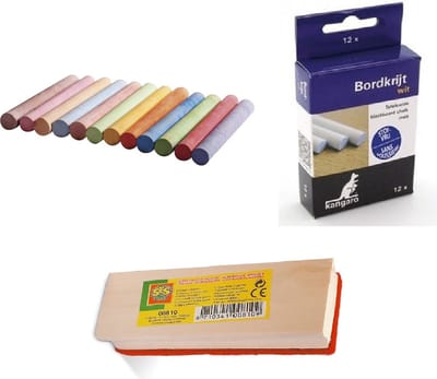 Schoolbord/krijtbord krijtjes set - met bordenwisser - 12x witte krijtjes - 12x gekleurde krijtjes - en een stevige bordenwisser