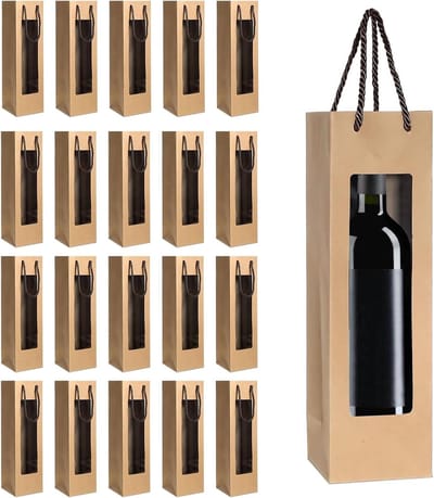 Wijngeschenkzakje met venster en handgrepen - herbruikbare flessenzak voor bruiloft, Kerst, feest - bruin - cadeauverpakking met bloemenprint