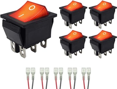 ProRide Wipschakelaar ON-OFF KCD4-202 - met Aansluitkabels - 3 Polig - 250V/16A - 30x22mm - Rood met controlelampje - 5 stuks