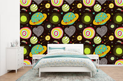 Behang - Fotobehang Patronen - Ruimte - Planeten - Jongens - Kinderen - Kids - Breedte 385 cm x hoogte 240 cm