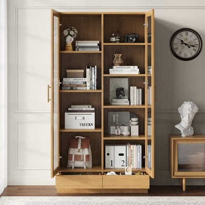 MODFU Vitrinekast - Verspringende Planken En Push-To-Open Lade - Modern - MDF En Glas - Natuurlijke Houtkleur - 80 X 40 X 160 Cm