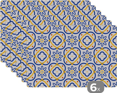 Placemat - Placemats kunststof - Bloem - Blauw - Geel - Tegels - Patronen - 45x30 cm - 6 stuks - Hittebestendig - Anti-Slip - Onderlegger - Afneembaar