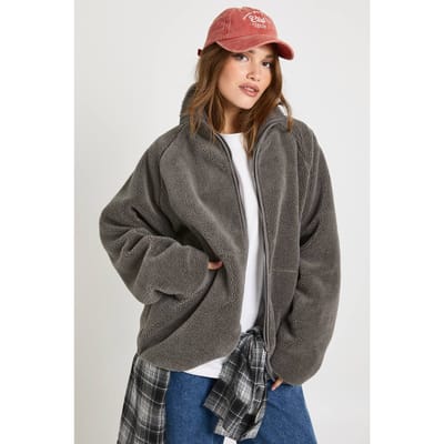 boohoo Dames Oversized Teddy Jas met Rits | Grijs | Maat: 38
