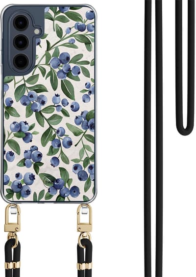 Telefoonhoesje met koord geschikt voor Samsung A16 - Blueberries - Inclusief Zwart koord - Transparant, Blauw - Print - Crossbody beschermhoes - Met Telefoonketting