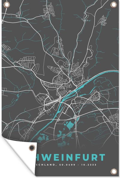 Muurdecoratie Kaart – Plattegrond – Stadskaart – Schweinfurt – Duitsland – Blauw - 120x180 cm - Tuinposter - Tuindoek