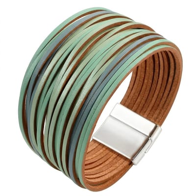 Groen bruine PU leren armband voor dames – brede wikkel armband met zilverkleurige magnetische sluiting