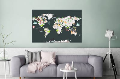 Aluminium schilderij 180x120 cm - Wanddecoratie metaal - Wereldkaart - Dieren - Grijs - Metalen muurdecoratie woonkamer - Decoratie industrieel - Foto op dibond - Industriële accessoires slaapkamer