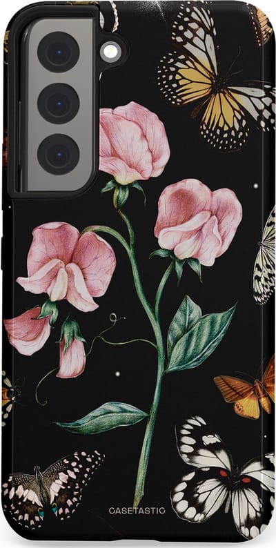Casetastic hoesje geschikt voor Samsung Galaxy S22 - Dubbellaagse bescherming - Vleugels en bloemen - Fashion Case - Zwart Grijs Taupe