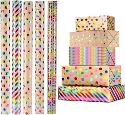 5 Rollen Kraft Kerst Cadeaupapier Set met Touw en Plakband, Ideaal voor Cadeaus en Knutselprojecten