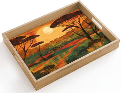 Dienblad hout 40x30 cm - Schootdienblad - Landschap - Afrikaans - Zon - Borrelplank rechthoek - Plateau dienbladen