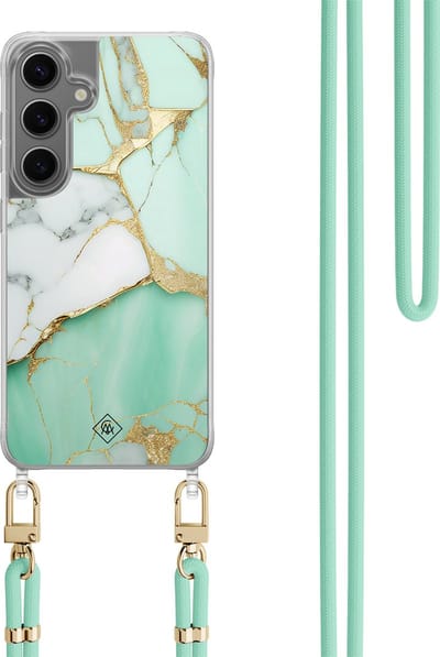 Casimoda® hoesje met koord - Geschikt voor Samsung S24 - Marmer Mintgroen - Afneembaar koord - TPU/polycarbonaat - Mint