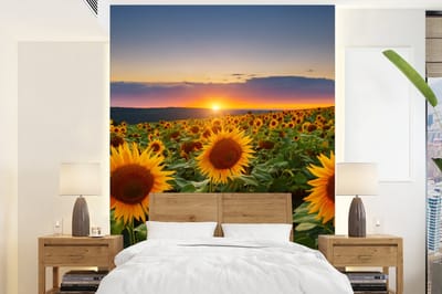 Behang - Fotobehang Bloemen - Nacht - Zonsondergang - Zonnebloem - Horizon - Breedte 165 cm x hoogte 220 cm