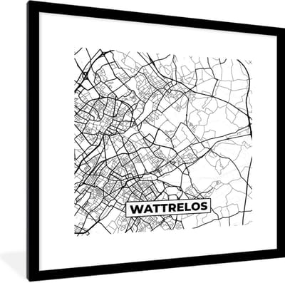 Fotolijst incl. Poster Zwart Wit- Stadskaart - Plattegrond - Kaart - Wattrelos - Frankrijk - Zwart wit - 40x40 cm - Posterlijst