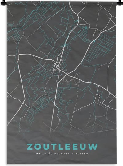 Wandkleed - Wanddoek - België – Zoutleeuw – Stadskaart – Kaart – Blauw – Plattegrond - 120x180 cm - Wandtapijt