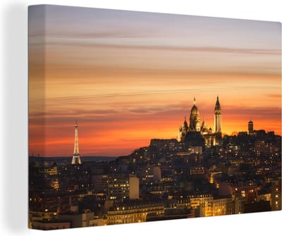 Canvas schilderij 150x100 cm - Wanddecoratie Uitzicht over Parijs met de Eiffeltoren en de Sacré-Coeur - Muurdecoratie woonkamer - Slaapkamer decoratie - Kamer accessoires - Schilderijen
