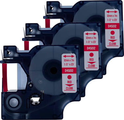 DULA Dymo D1 45012 - S0720520 - Compatible label tape - 3 lettertapes - Rood op transparant - 12mm x 7m