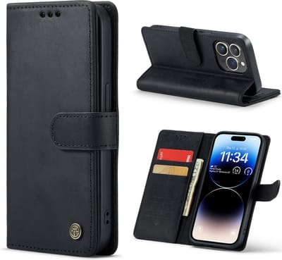 Casemania Echt Leren Hoesje Geschikt voor Apple iPhone 14 Pro - Zwart - Leer Wallet Hoes - Portemonnee Book Cover met Pasjeshouder