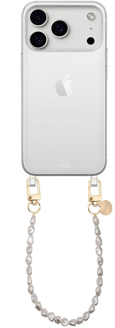 xoxo Wildhearts siliconen hoesje - Geschikt voor iPhone 17 Pro Max hoesje - Pearlfection - Telefoonhoesje - Hoesje met koord - Parelketting - kort telefoonkoord - Transparant hoesje (korte variant)