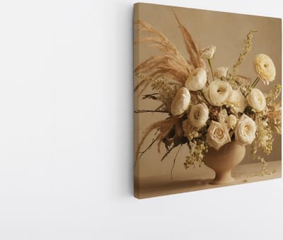 Saammp Canvas Schilderij - Beige Bloemen in mooie vaas - Abstract - 20x20 - Foto op canvas - Wanddecoratie - Muurdecoratie Woonkamer - Kantoor Decoratie