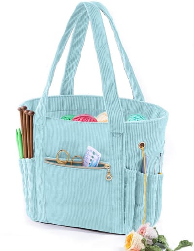 longziming -Grote Brei- en Haaktas van Cord – Garenopbergtas met 4 Draadopeningen – Handwerktas met Handvat en Ritssluiting – Organizer voor Garen, Haak- en Breinaalden – Blauw