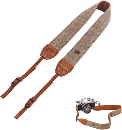 Camerariem van bohemian stijl geschikt voor Canon, Nikon, Sony - Bruin denim - Neopreen nekband voor camera met draagriem - Halsband voor fotografie - Unisex - Verstelbaar.