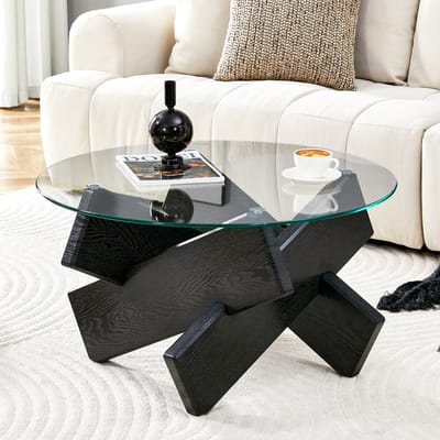 Meerkleurige, optionele ronde salontafel van MDF en glas: zwarte poten met houtnerfstructuur, eenvoudig en stijlvol. Diameter 79 cm, blad van 0,8 cm gehard glas.