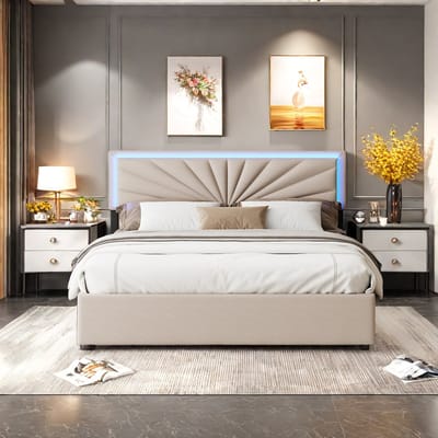 Tweepersoonsbed 160x200cm met LED & Verstelbaar Hoofdeinde, Gestoffeerd Bed met Lattenbodem en 4 Lade, Opbergbed van Linnen