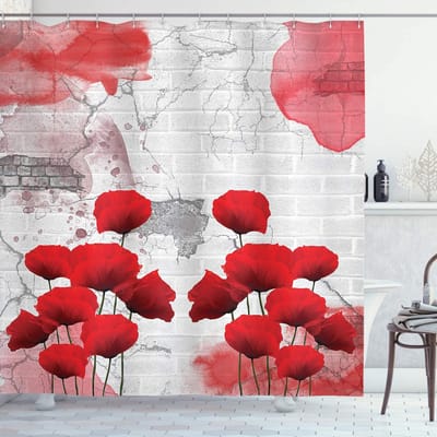 ABAKUHAUS douchegordijn – Klaproos 175x240 cm – Stof, waterafstotend, Kokosnoot Grijs Rood