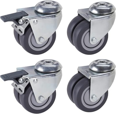 Set van 4 zwenkwielen met draadbescherming en dubbele rollen van 75 mm TPE, draagkracht 300 kg