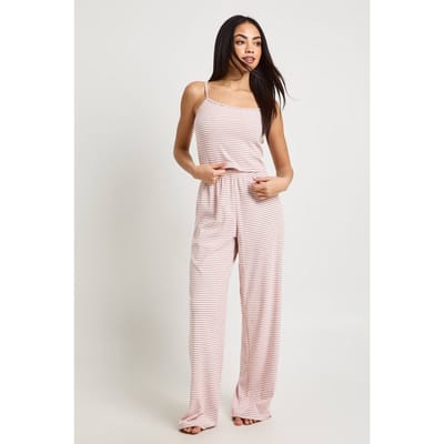boohoo Dames Zachte Geribbelde Gestreepte Hemdtop & Broek Pyjama Set | Baby Roze | Maat: 44
