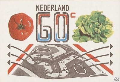 Briefkaart met afbeelding Luchthaven, tomaat, sla postzegel