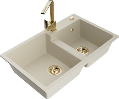Mexen Tomas granieten gootsteen 2-kamer met keukenmengkraan Rita, beige - 6516-69-670300-50