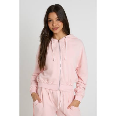 boohoo Dames Gewassen Loopback Distressed Cropped Hoodie Met Rits | Lichtroze | Maat: Large