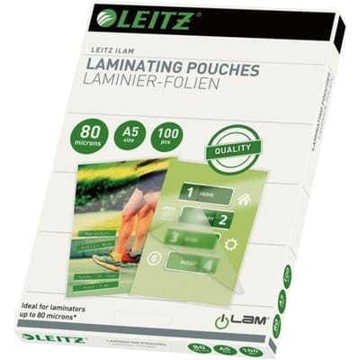 Lamineerhoezen Leitz iLAM 33817, A5 staand en liggend formaat, dikte 80 µm, L 222 x B 160 mm, PET, kleurloos, 100 stuks