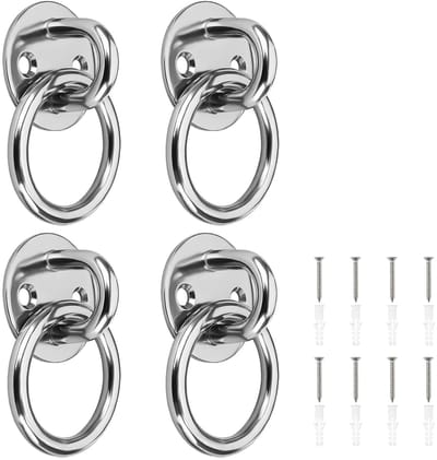4-delige roestvrijstalen oogplaten set met 6 mm gatdiameter, ronde basis en schroeven, ideaal voor bevestiging aan houten palen, muren en plafonds