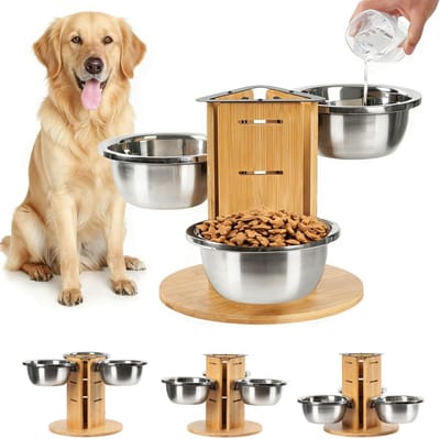 Honden voerstation - Hondenbakken - Comfortabel voeren - In hoogte verstelbaar - 3x 1400 ml - Natuurlijk hout