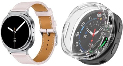 Strap-it Bundel – Leren Smartwatch Band met Gespsluiting (Roze) + TPU Soft Case Beschermhoes (Transparant) geschikt voor Samsung Galaxy Watch 8 (40mm)