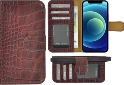 Geschikt voor iPhone 13 Hoesje - Bookcase - Portemonnee Hoes Echt leer Wallet case Croco Bordeauxrood