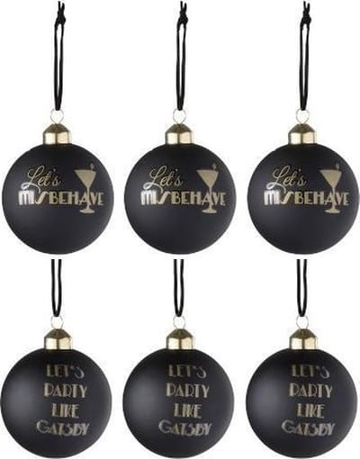 Kerstballen met Tekst Zwart en Goud 6 stuks