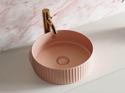 Vente-unique Ronde gestreepte opbouwwastafel in keramiek - Mat roze - 36 cm - PEDARA